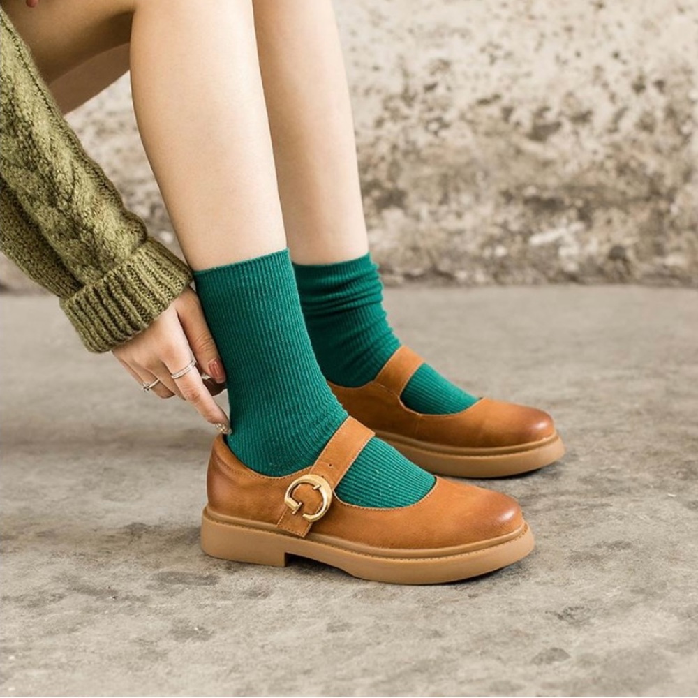 Handmade Retro Waxing Leather Flat Mary Jane Shoes Women Round Toe | Brown | 7